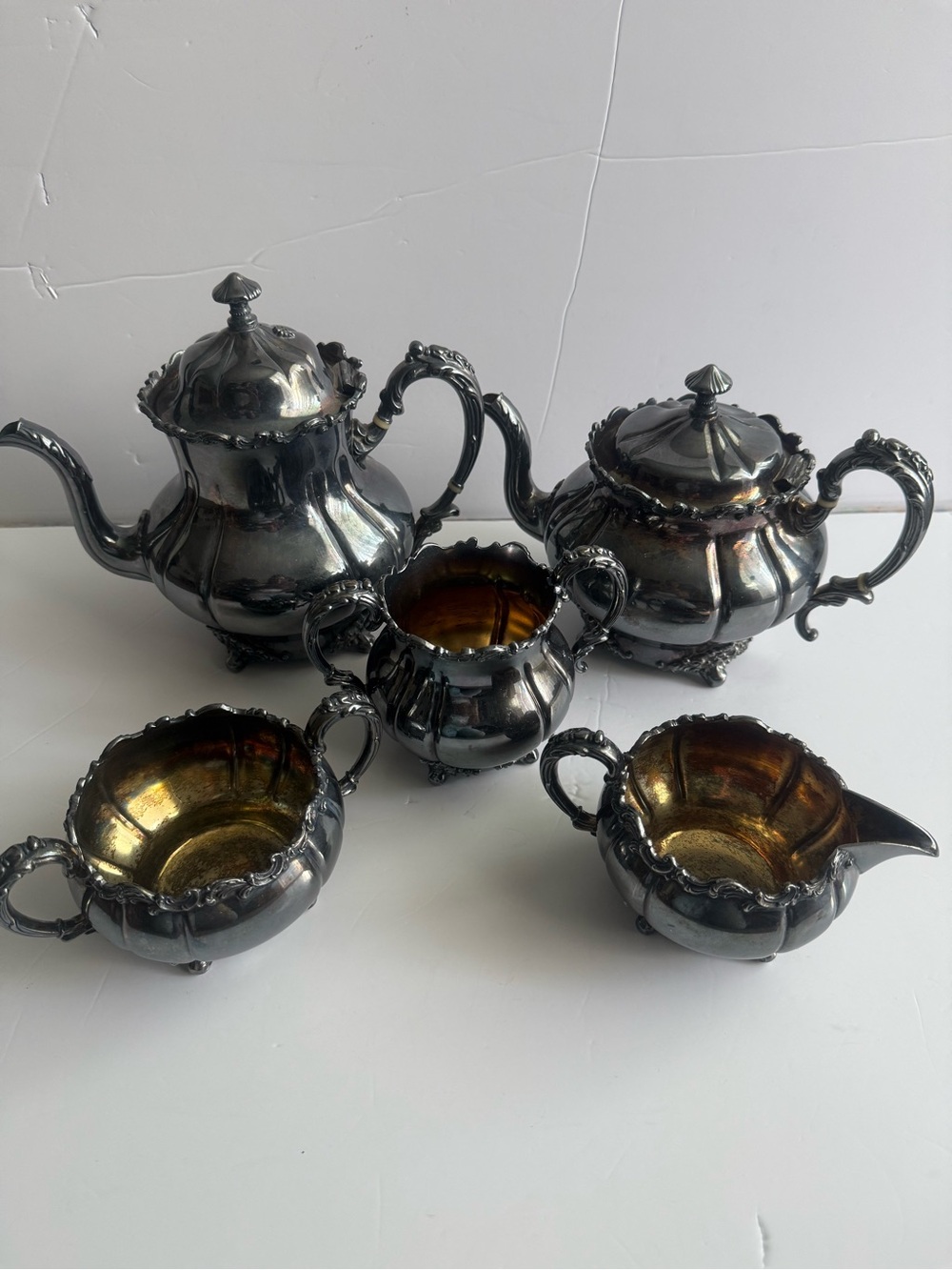 Antique Vintage meridian double Silver Plated 5 Piece Set, 2 TeapotsCoffeeCream